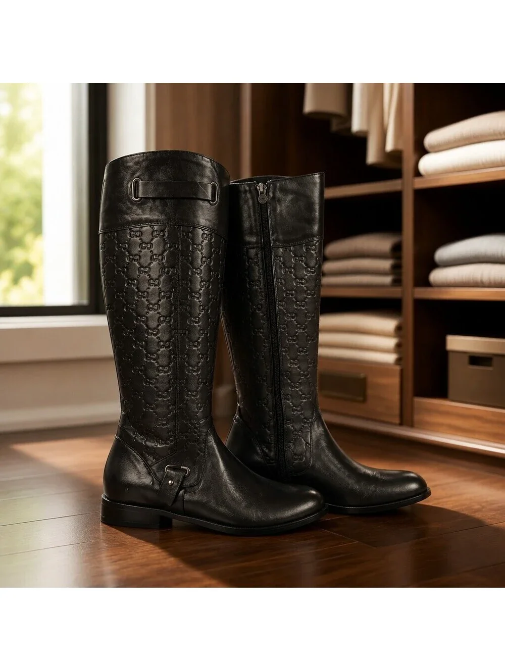 Vintage Etienne Aigner E-Gilbert Black Leather Monogram Riding Boots 8.5M 1268